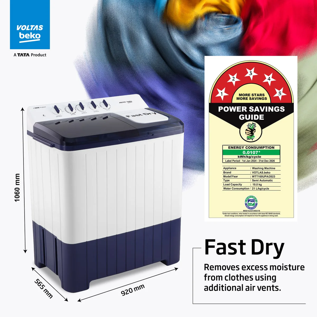 10 Kg 5 Star Semi-Automatic Top Load Washing Machine (WTT100UPA/GR5KPTD, Grey, Special pulsator and Double waterfall Technology) , Voltas Beko, A Tata Product - Image 5