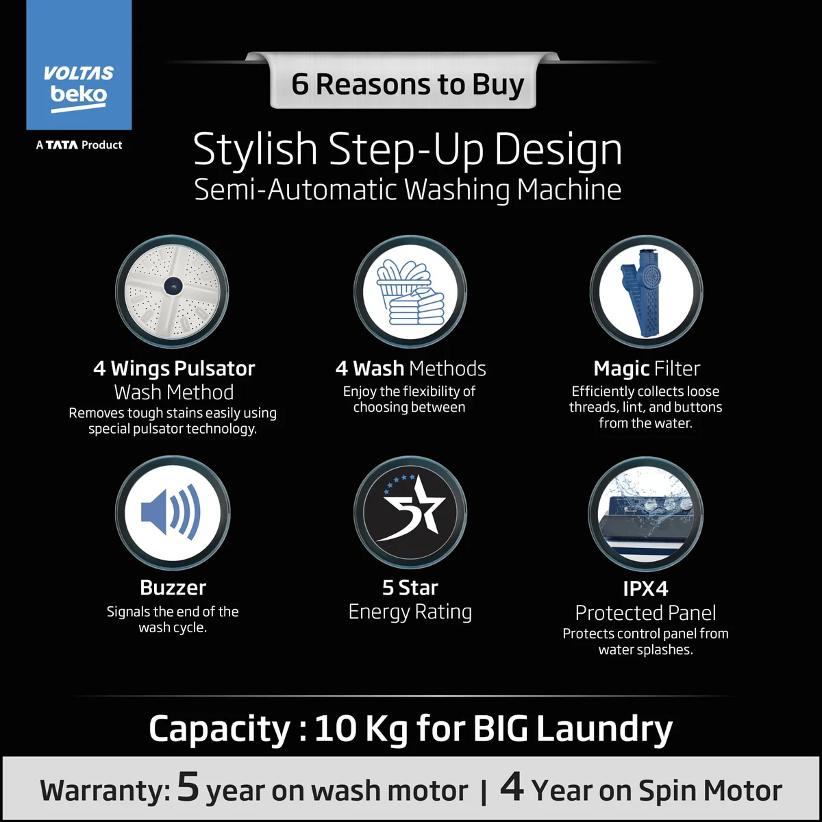 10 Kg Semi Automatic Washing Machine ( WTT10UEA,Blue) , Voltas Beko, A Tata Product - Image 2