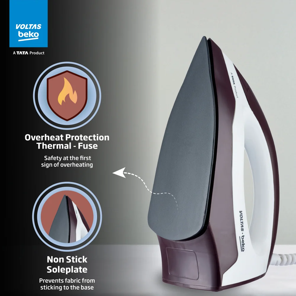 1000 W Dry Iron (I1000VD-BGWH, Burgundy-White, with Crease-busting Greblon Soleplate) , Voltas Beko, A Tata Product - Image 6