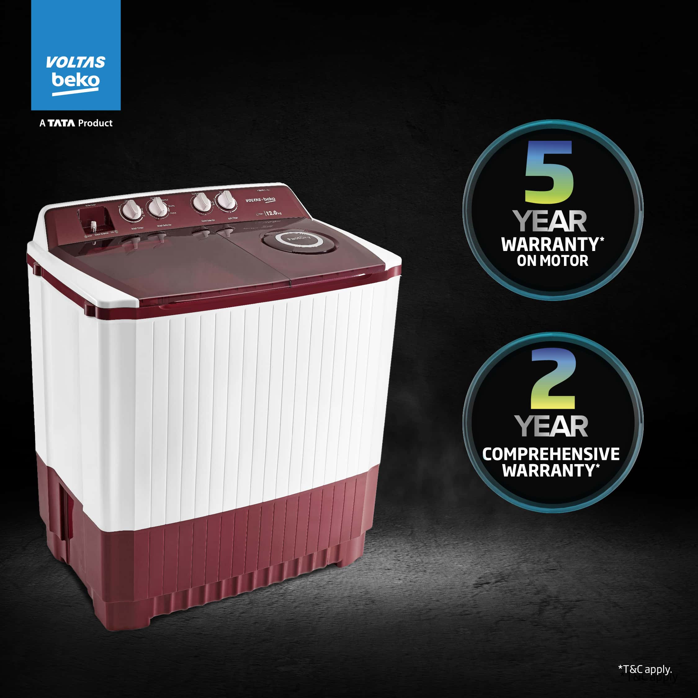 12 Kg 5 Star Semi Automatic Washing Machine (WTT120ABRT, Burgundy) , Voltas Beko, A Tata Product - Image 11