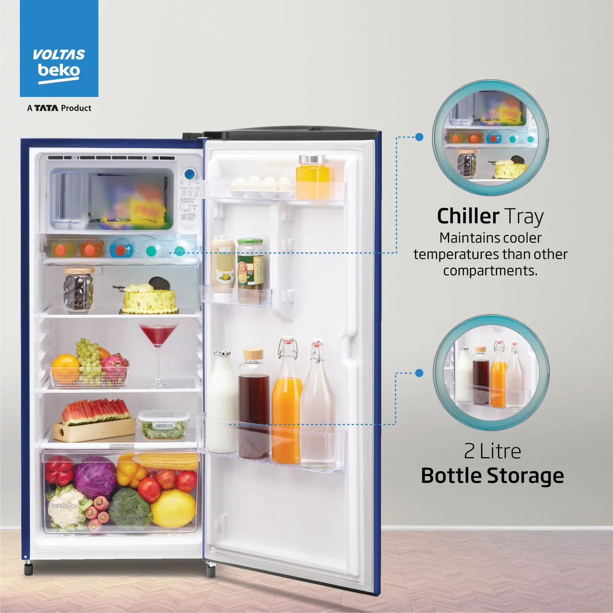 183 L 2 Star Direct Cool Single Door Refrigerator (RDC215D/S0WBR0M0000GO, Stella Blue, With Fresh Box Technology and Chiller Zone) , Voltas Beko, A Tata Product - Image 6