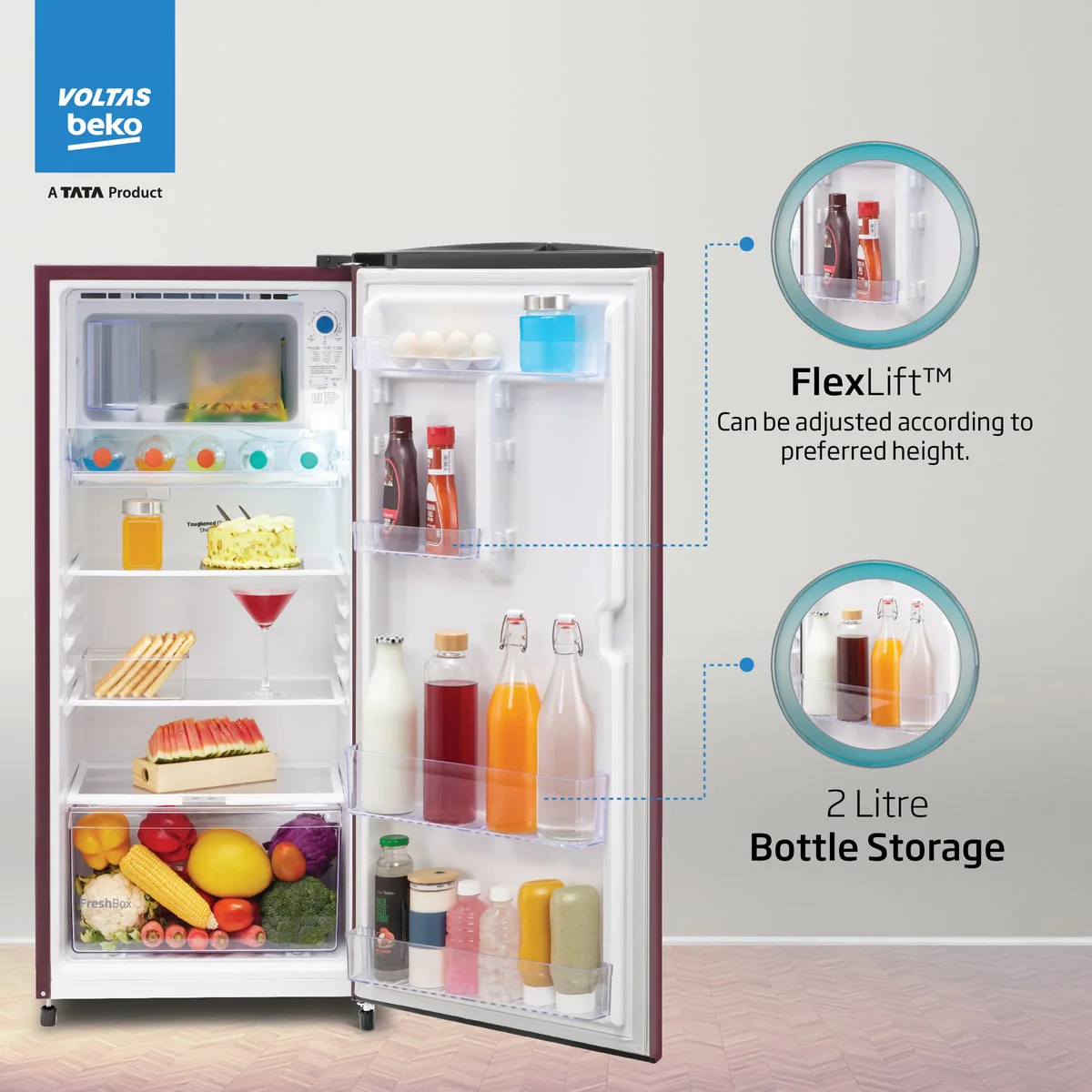 183 L 2 Star Direct Cool Single Door Refrigerator (RDC215D/S0WSR0M0000GO, Stella Wine, With Fresh Box Technology and Chiller Zone) , Voltas Beko, A Tata Product - Image 3