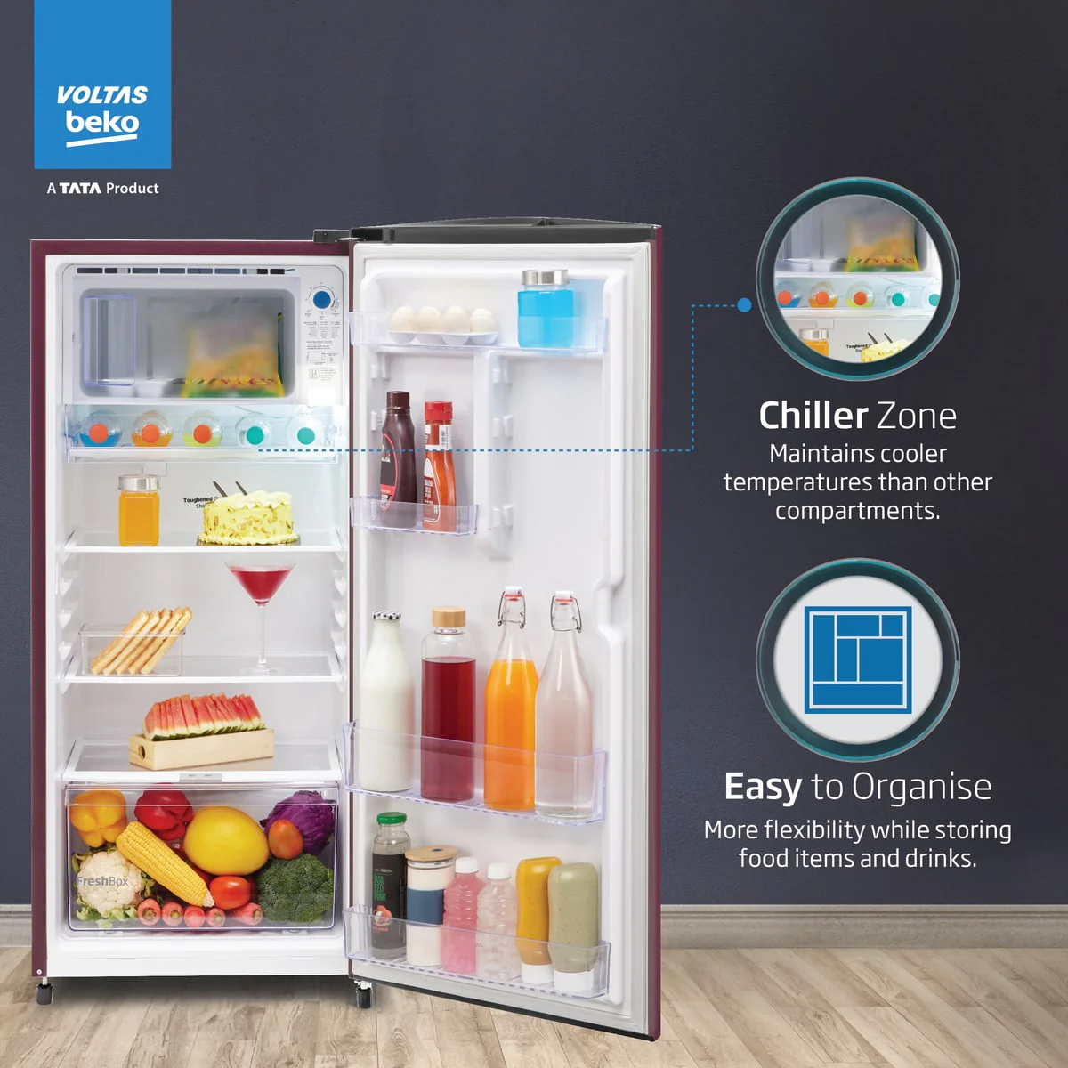 183 L 2 Star Direct Cool Single Door Refrigerator (RDC215D/S0WSR0M0000GO, Stella Wine, With Fresh Box Technology and Chiller Zone) , Voltas Beko, A Tata Product - Image 6