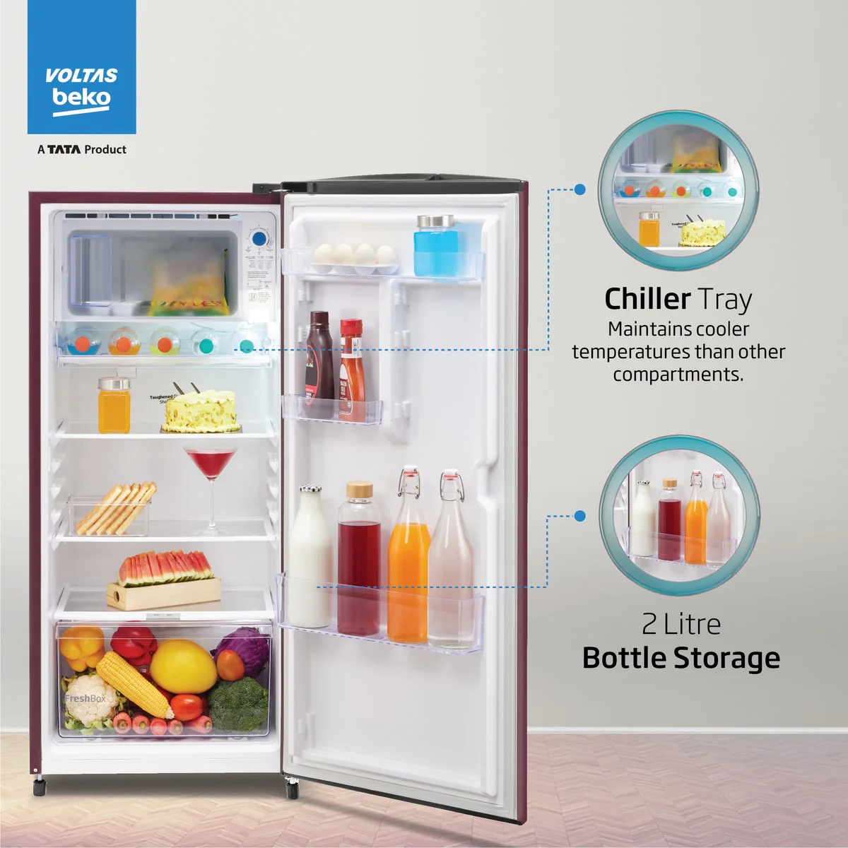 183 L 2 Star Direct Cool Single Door Refrigerator (RDC215D/S0XWR0M0000GO, Wine,Crisper Humidity Controller) , Voltas Beko, A Tata Product - Image 5