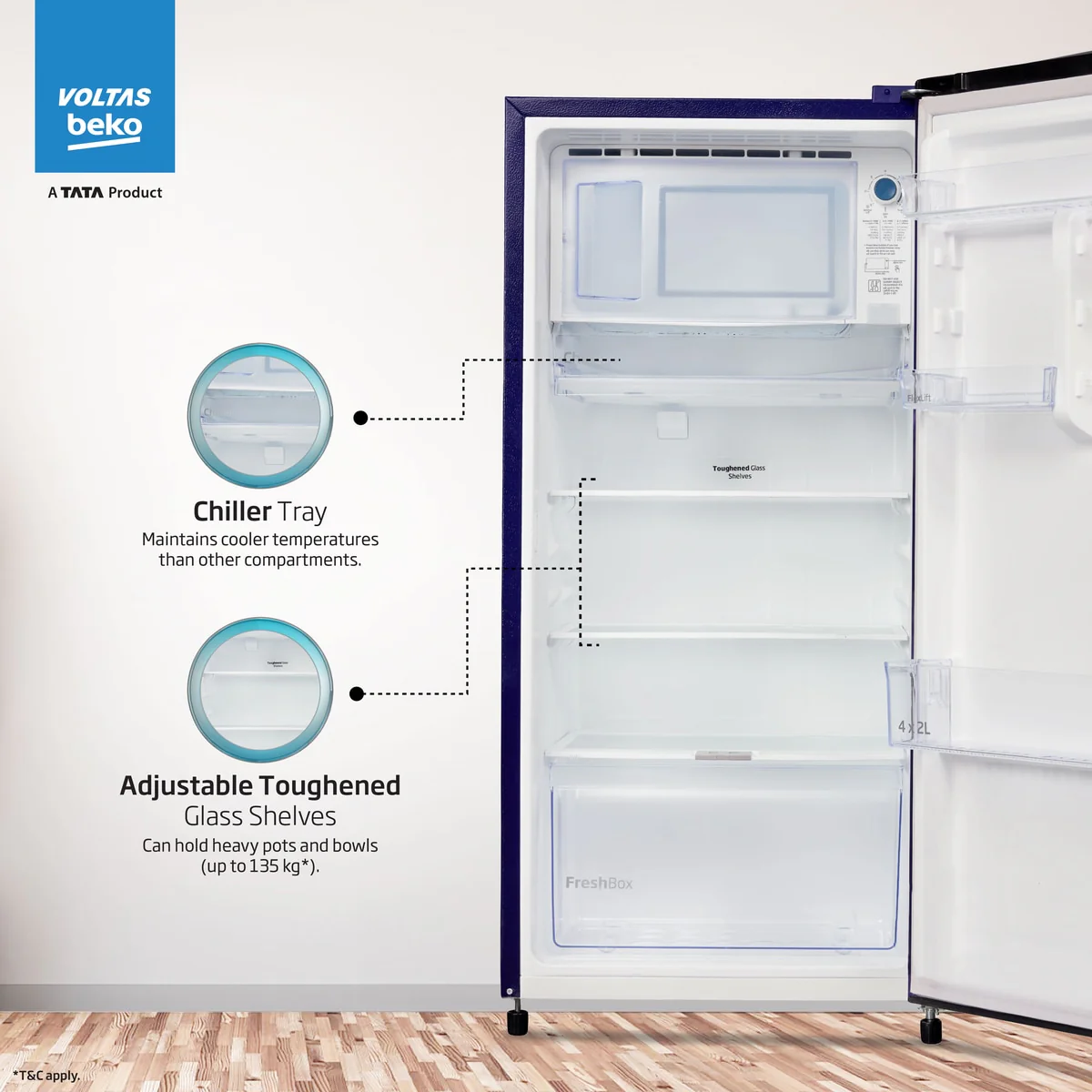 183 L 3 Star Direct Cool Single Door Refrigerator ( RDC215C / S0BFR0M0000GO, Fressia Blue, With Fresh Box Technology) , Voltas Beko, A Tata Product - Image 5
