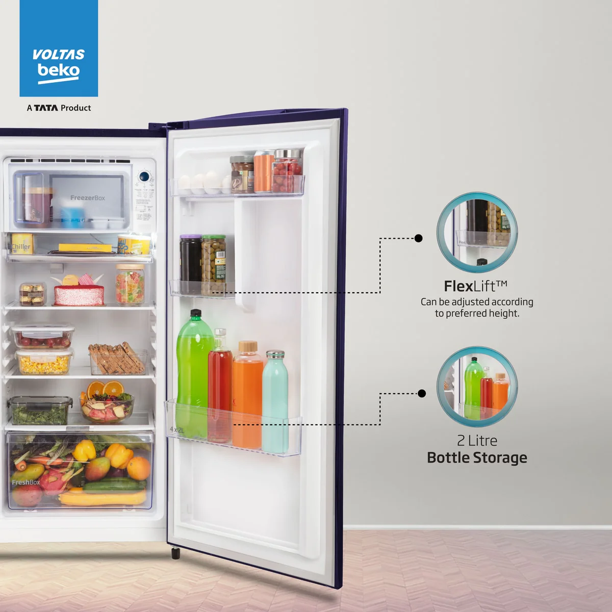 183 L 3 Star Direct Cool Single Door Refrigerator ( RDC215C / S0BFR0M0000GO, Fressia Blue, With Fresh Box Technology) , Voltas Beko, A Tata Product - Image 7