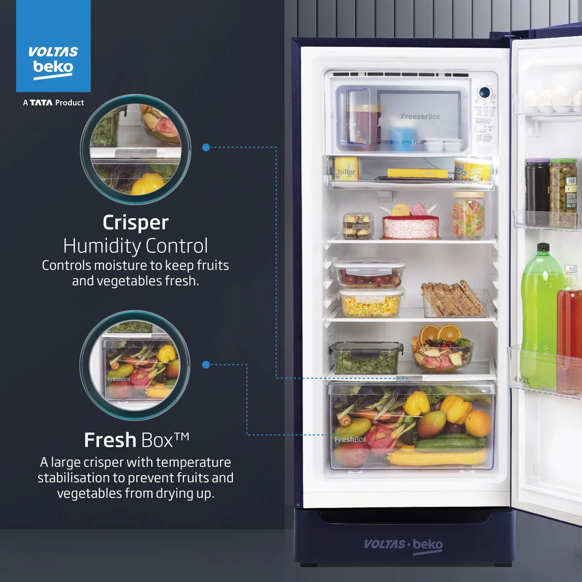 183 L 4 Star Direct Cool Single Door Refrigerator (RDC215B / W0BBR0M0000GO, Dahlia Blue, Fresh Box Technology) , Voltas Beko, A Tata Product - Image 2