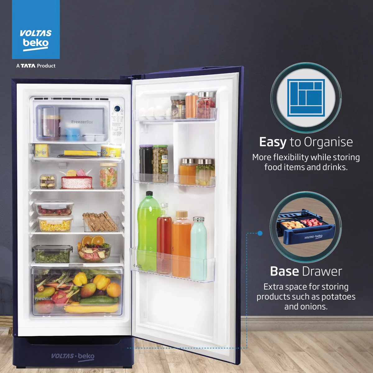 183 L 4 Star Direct Cool Single Door Refrigerator (RDC215B / W0BBR0M0000GO, Dahlia Blue, Fresh Box Technology) , Voltas Beko, A Tata Product - Image 4