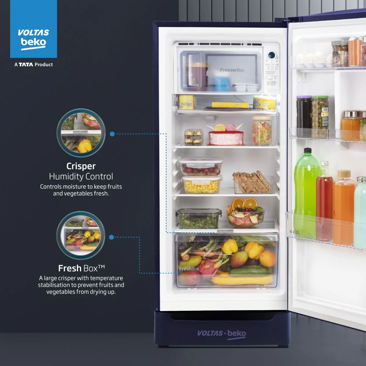 183 L 4 Star Direct Cool Single Door Refrigerator (RDC215B / W0FBR0M0B00GO, Fairy Flower Blue) , Voltas Beko, A Tata Product - Image 3
