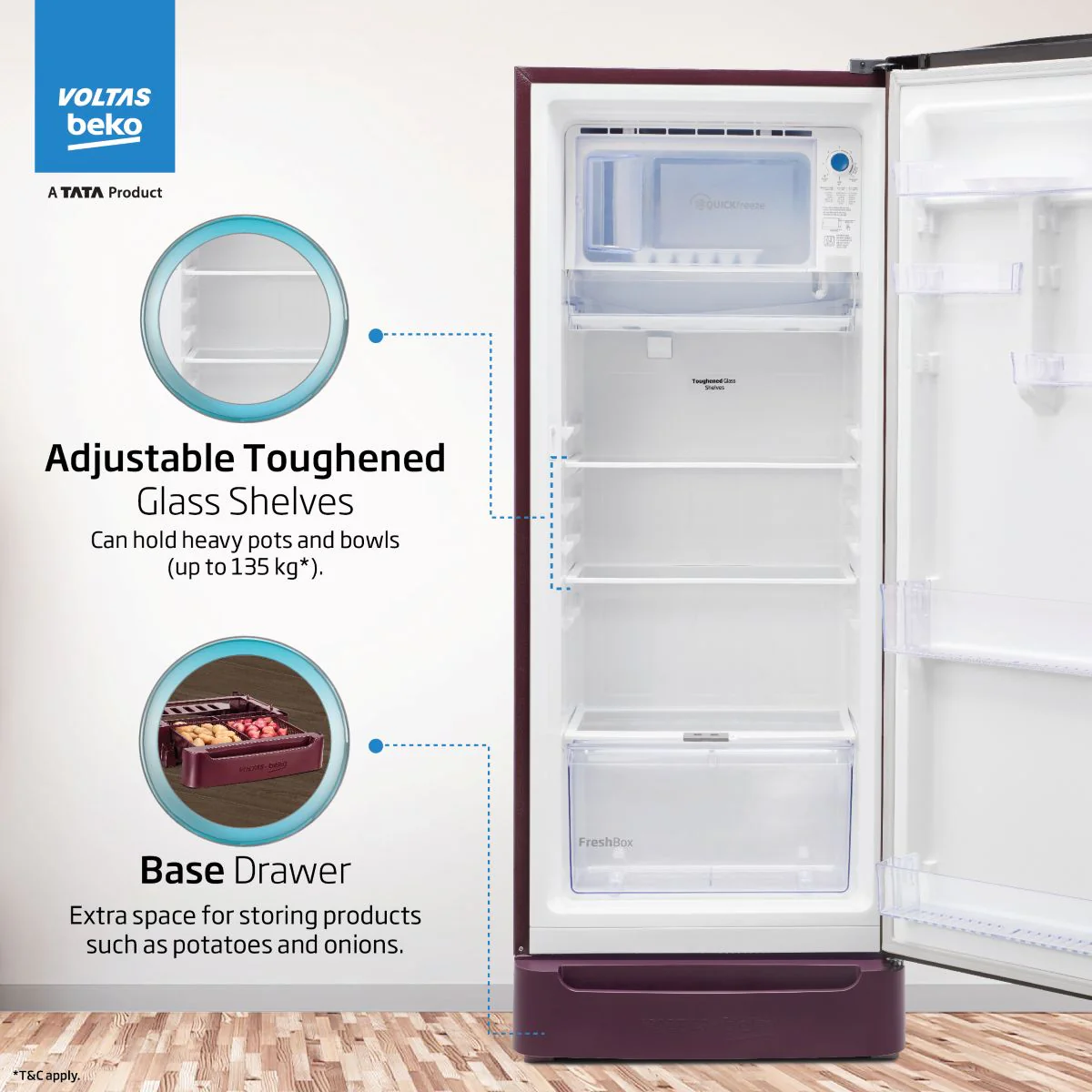 183 L 5 Star Direct Cool Single Door Refrigerator (RDC215A/W0BWRTM0B00GO, Bonita Wine, Fresh Box and Quick Freeze Technology, with Base Drawer) , Voltas Beko, A Tata Product - Image 3