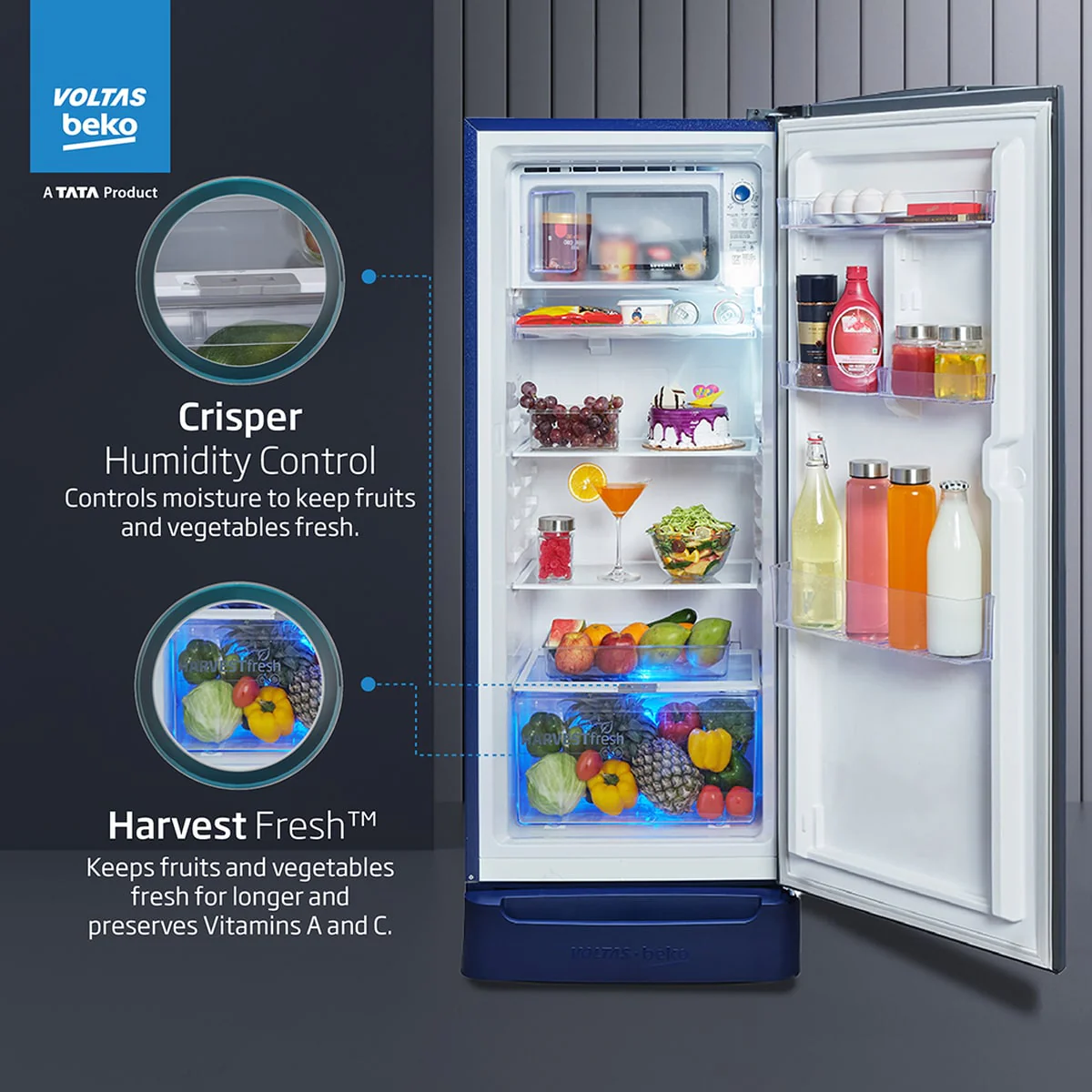 208 L 3 Star Direct Cool Single Door Refrigerator (RDC240C / W0RBR0MHB00GO, Rainy Blue) , Voltas Beko, A Tata Product - Image 3