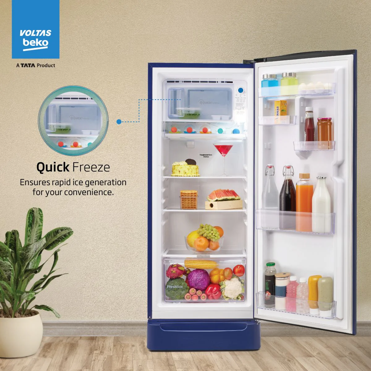 208 L 5 Star Direct Cool Single Door Refrigerator (RDC240A/W0BBRTM0B00GO, Bonita Blue, With Fresh Box Technology, Quick Frezze, Chiller Zone and Base Drawer) , Voltas Beko, A Tata Product - Image 3