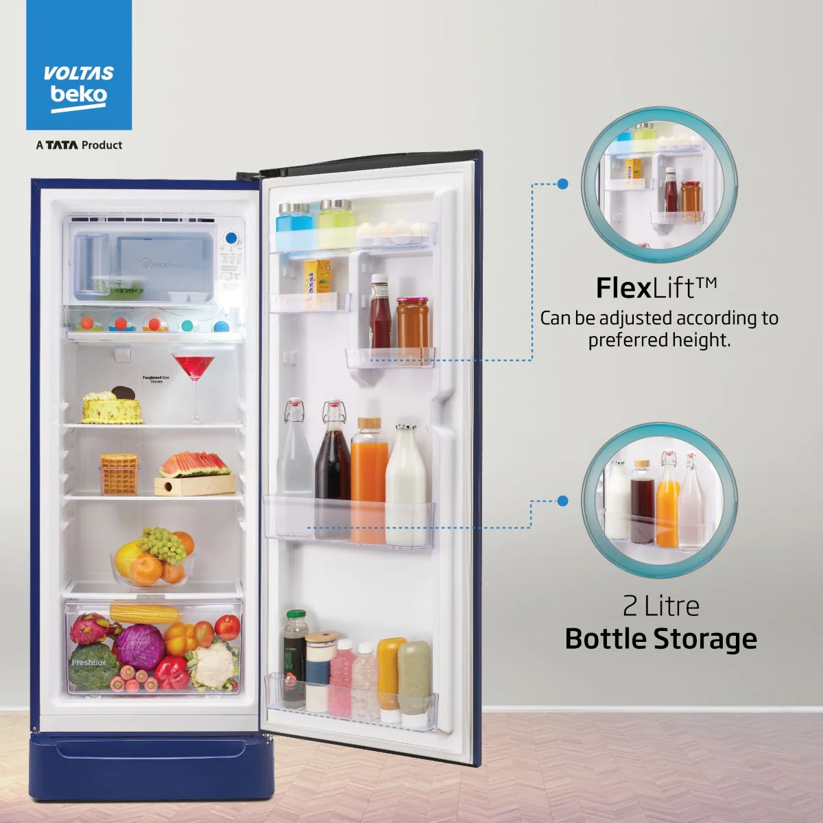 208 L 5 Star Direct Cool Single Door Refrigerator (RDC240A/W0BBRTM0B00GO, Bonita Blue, With Fresh Box Technology, Quick Frezze, Chiller Zone and Base Drawer) , Voltas Beko, A Tata Product - Image 5