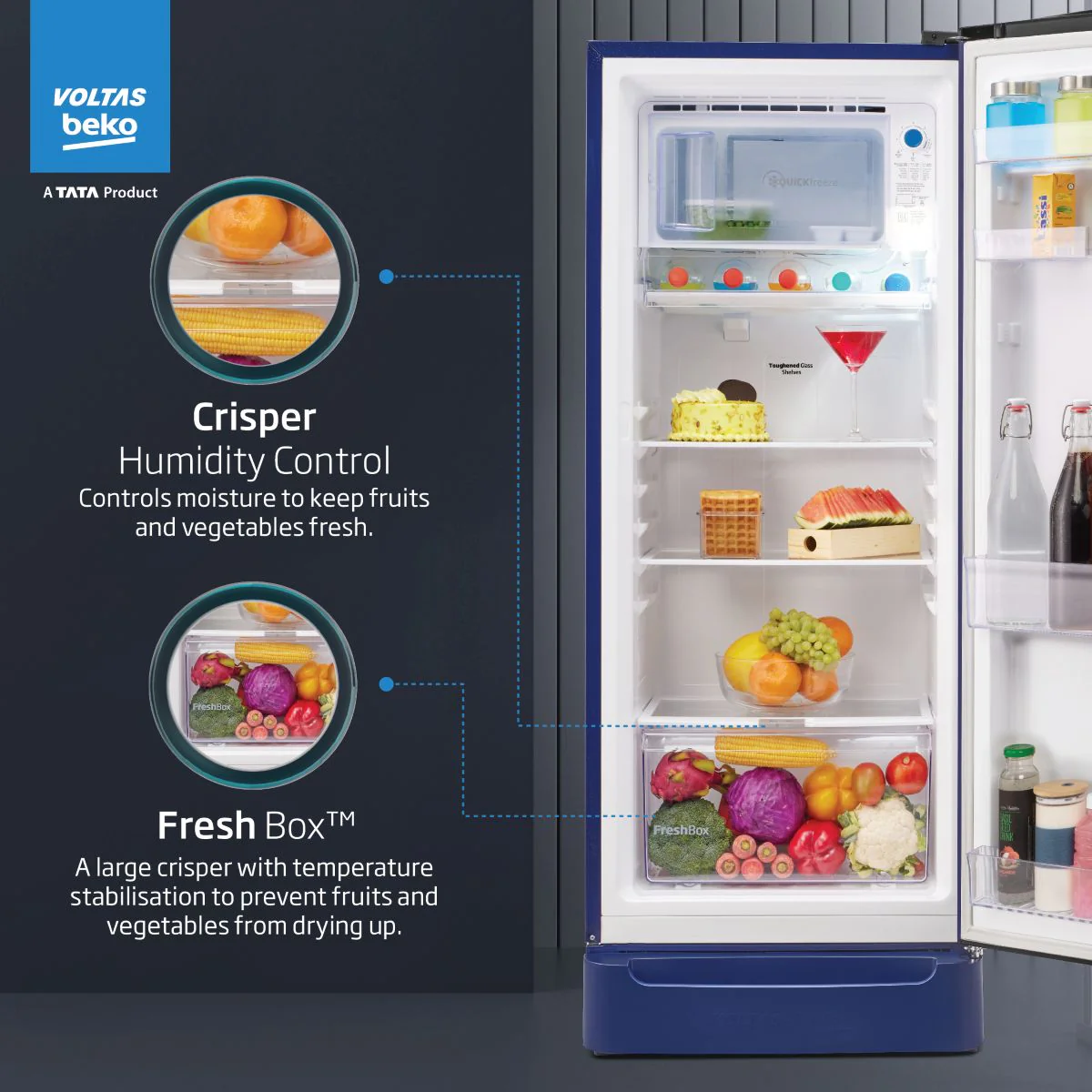 208 L 5 Star Direct Cool Single Door Refrigerator (RDC240A/W0BBRTM0B00GO, Bonita Blue, With Fresh Box Technology, Quick Frezze, Chiller Zone and Base Drawer) , Voltas Beko, A Tata Product - Image 7