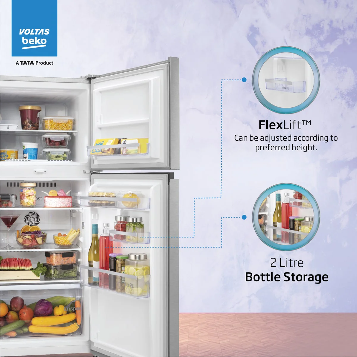 228 L 2 Star Made in India Frost Free Double Door Refrigerator (RFF265D/W0XIR0I0000GO, Brushed Silver, Neo Frost Dual Cooling Technology) , Voltas Beko, A Tata Product - Image 4