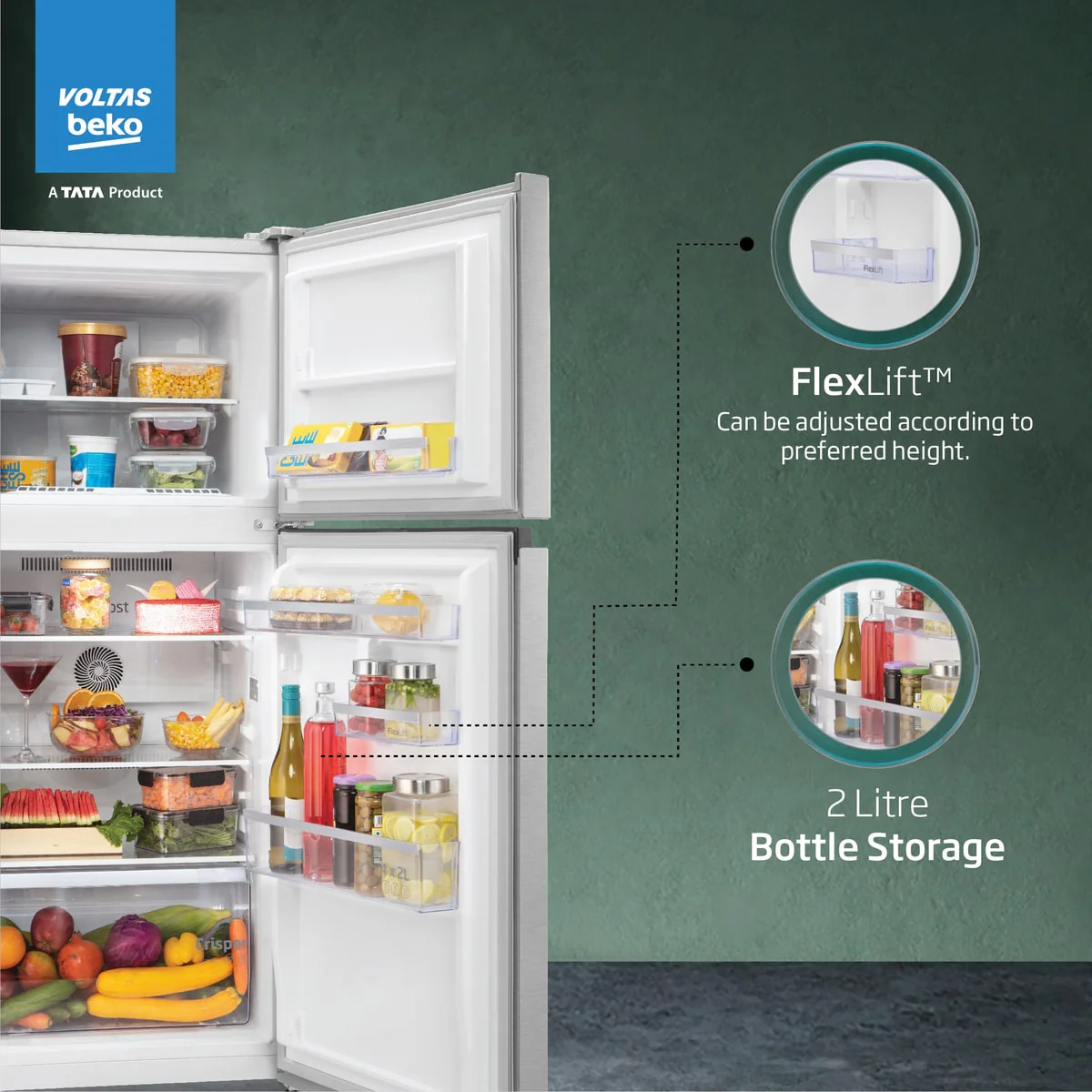 228 L 3 Star Frost Free Double Door Refrigerator (RFF265C/WPXIR0I0000GO, Brushed Silver, with Pro smart Inverter Compressor) , Voltas Beko, A Tata Product - Image 5