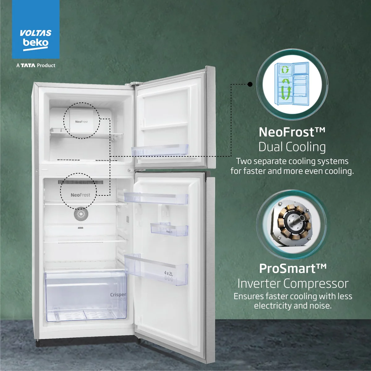228 L 3 Star Frost Free Double Door Refrigerator (RFF265C/WPXIR0I0000GO, Brushed Silver, with Pro smart Inverter Compressor) , Voltas Beko, A Tata Product - Image 6