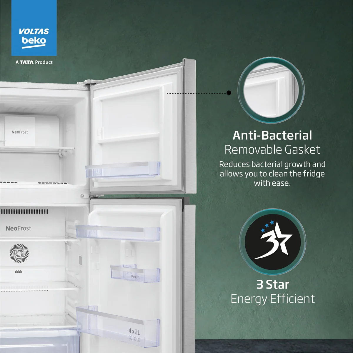228 L 3 Star Frost Free Double Door Refrigerator (RFF265C/WPXIR0I0000GO, Brushed Silver, with Pro smart Inverter Compressor) , Voltas Beko, A Tata Product - Image 7