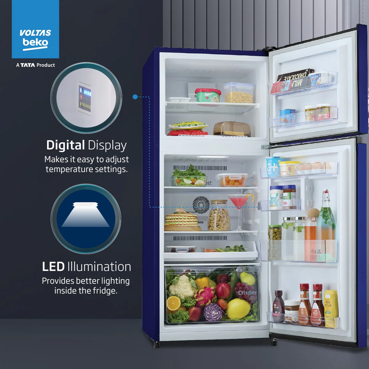 243 L 2 Star Double Door Refrigerator (RFF280D/WPV100RMBO, Moonlight Blue) , Voltas Beko, A Tata Product - Image 7