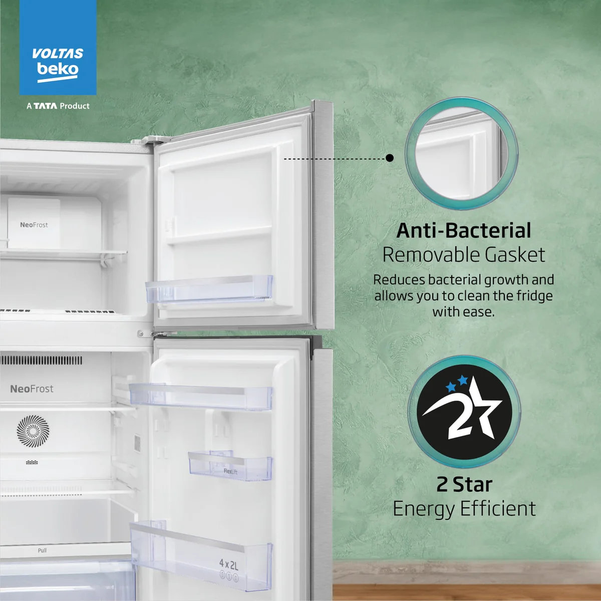 248 L 2 Star Frost Free Double Door Refrigerator (RFF285D/W0XIR0I0000GO, Brushed Silver, with Neo Frost Dual Cooling Technology) , Voltas Beko, A Tata Product - Image 6