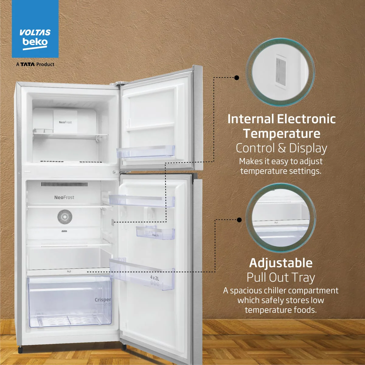 248 L 3 Star Frost Free Double Door Refrigerator (RFF285C / WPXIR0I0, Brushed Silver, with Neo Frost Dual Cooling) , Voltas Beko, A Tata Product - Image 5