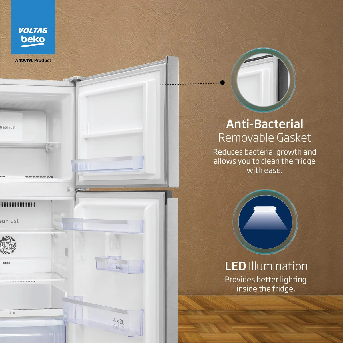 248 L 3 Star Frost Free Double Door Refrigerator (RFF285C / WPXIR0I0, Brushed Silver, with Neo Frost Dual Cooling) , Voltas Beko, A Tata Product - Image 6