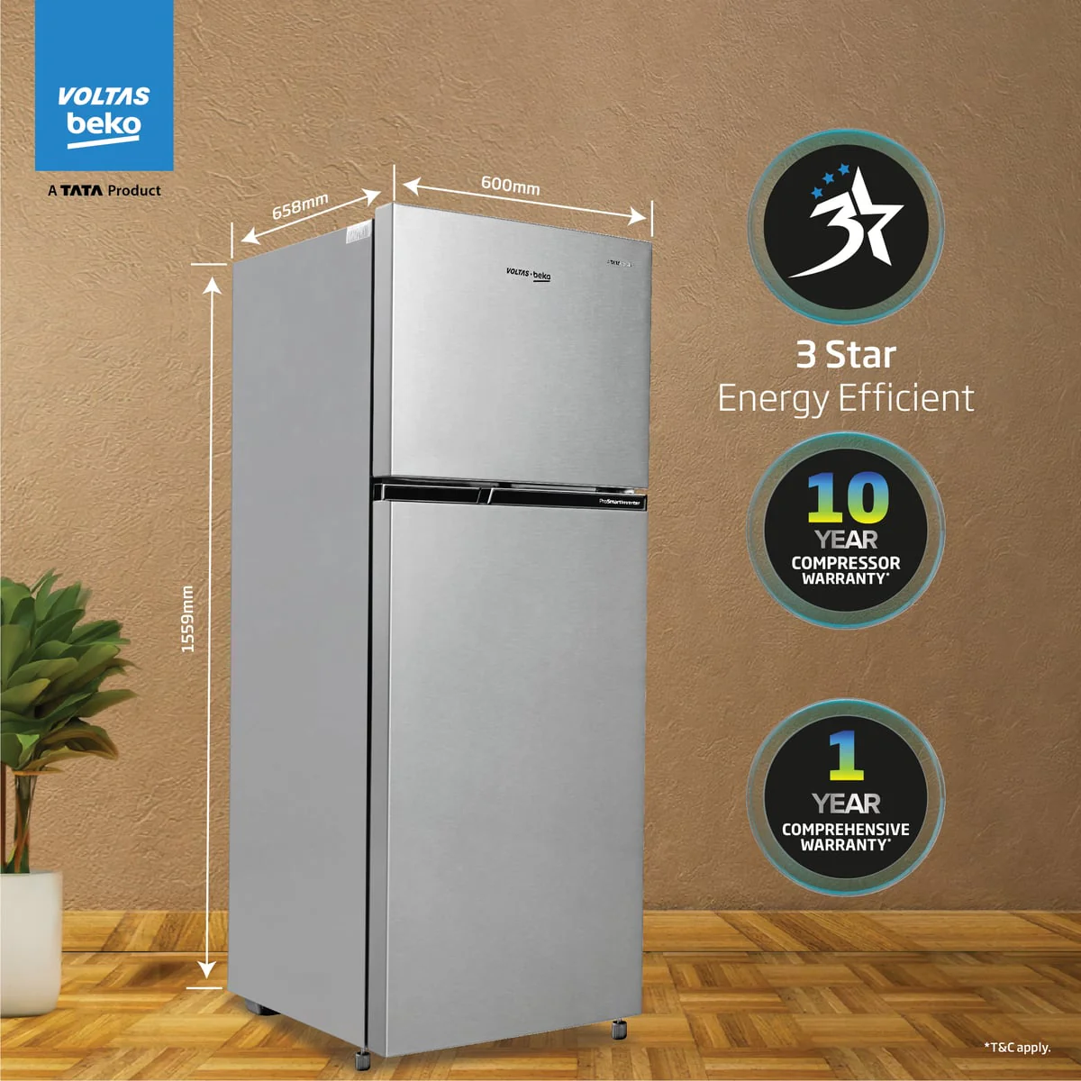 248 L 3 Star Frost Free Double Door Refrigerator (RFF285C / WPXIR0I0, Brushed Silver, with Neo Frost Dual Cooling) , Voltas Beko, A Tata Product - Image 8