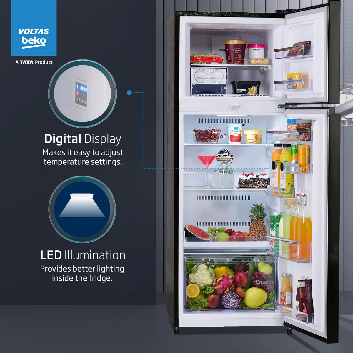 283 L 2 Star 6-in-1 Adjustable Frost Free Inverter Double-Door Refrigerator (RFF334D/WPV100RXBD, Wooden Black) , Voltas Beko, A Tata Product - Image 7