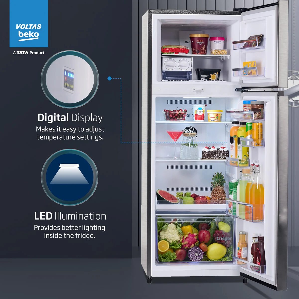 283 L 2 Star Frost Free Inverter Double-Door Refrigerator (RFF334D/WPV100RXID, Brushed Silver, with NeoFrost Dual Cooling Technology) , Voltas Beko, A Tata Product - Image 7