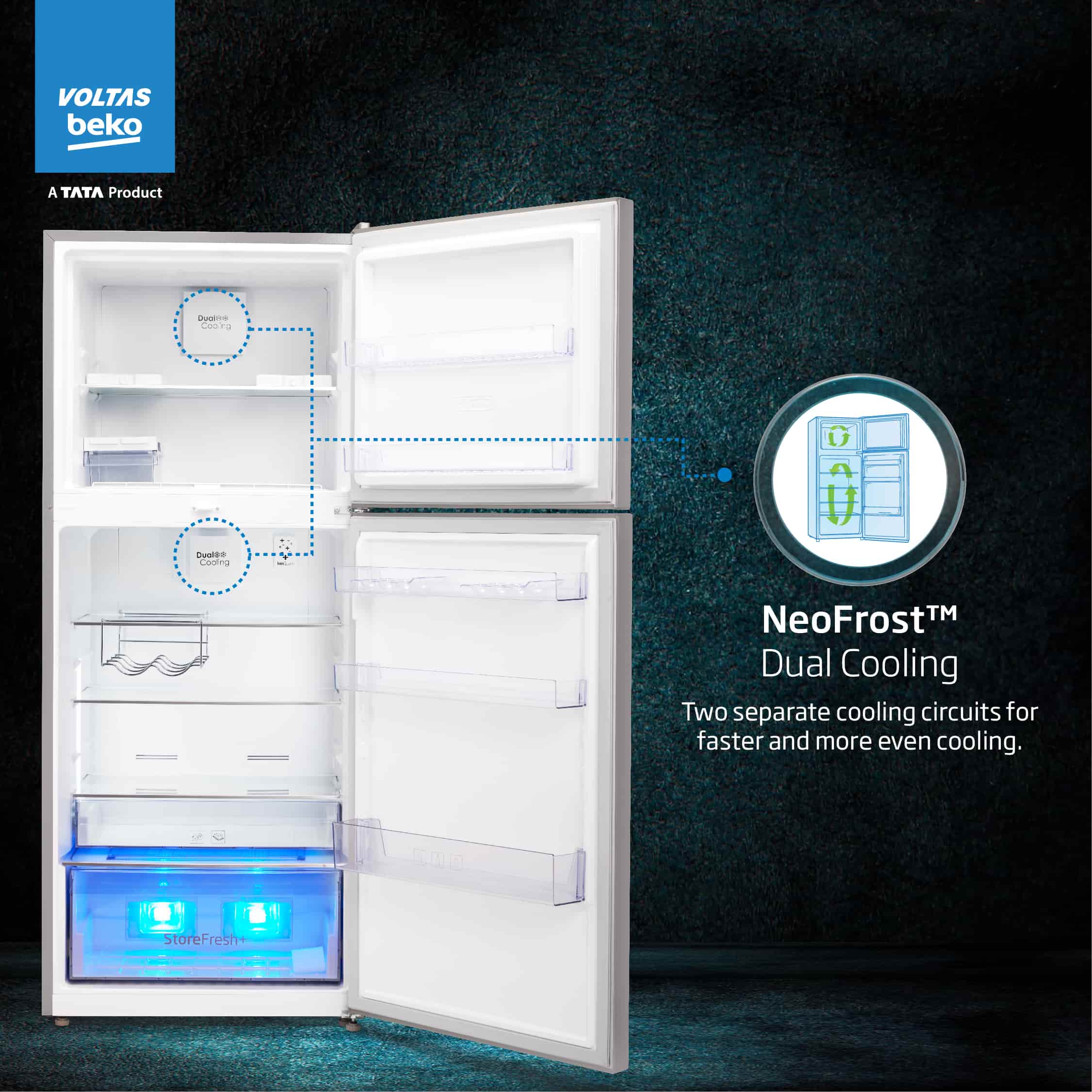 470 L 2 Star Inverter Frost-Free Double Door Refrigerator (RFF493IF, Silver, Store Fresh+TM) , Voltas Beko, A Tata Product - Image 4