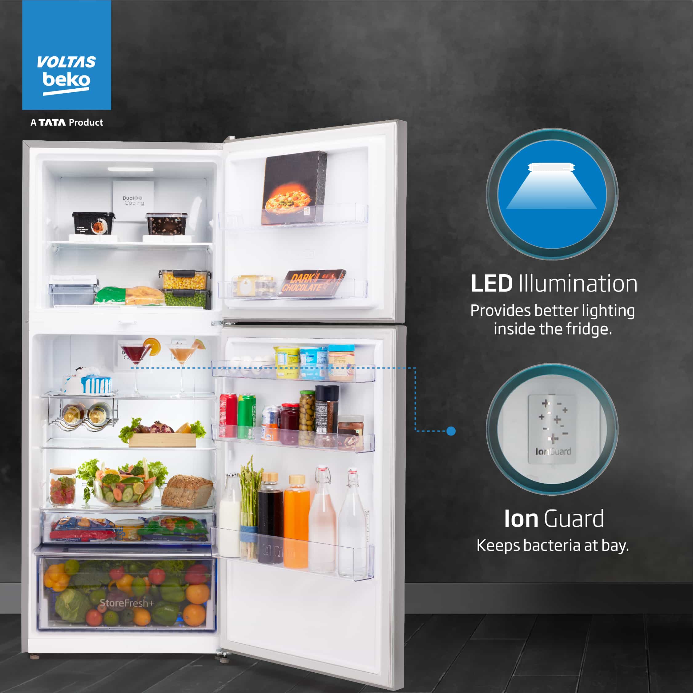 470 L 2 Star Inverter Frost-Free Double Door Refrigerator (RFF493IF, Silver, Store Fresh+TM) , Voltas Beko, A Tata Product - Image 9