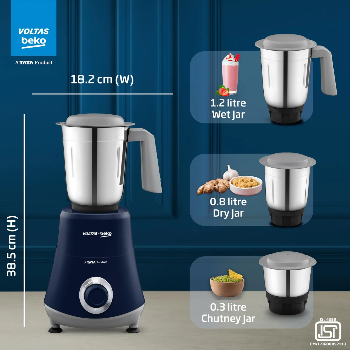 500 W Mixer Grinder (G5003HP-DB, Blue, With GrindX blades Technology) Voltas Beko, A Tata Product - Image 4
