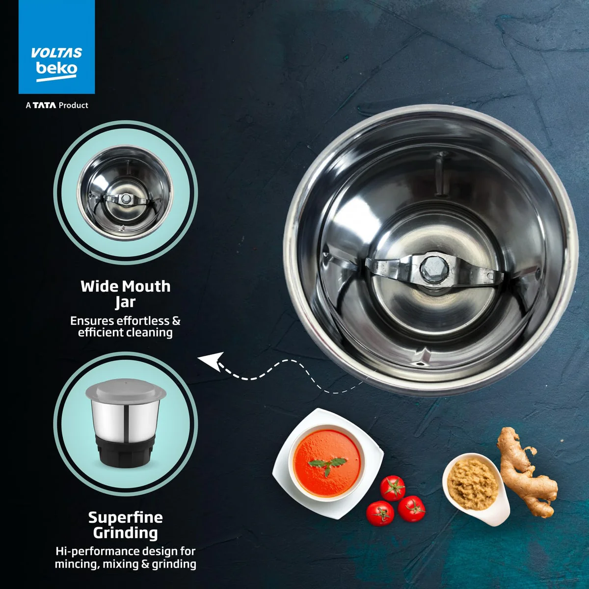 500 W Mixer Grinder (G5003HP-DB, Blue, With GrindX blades Technology) Voltas Beko, A Tata Product - Image 5