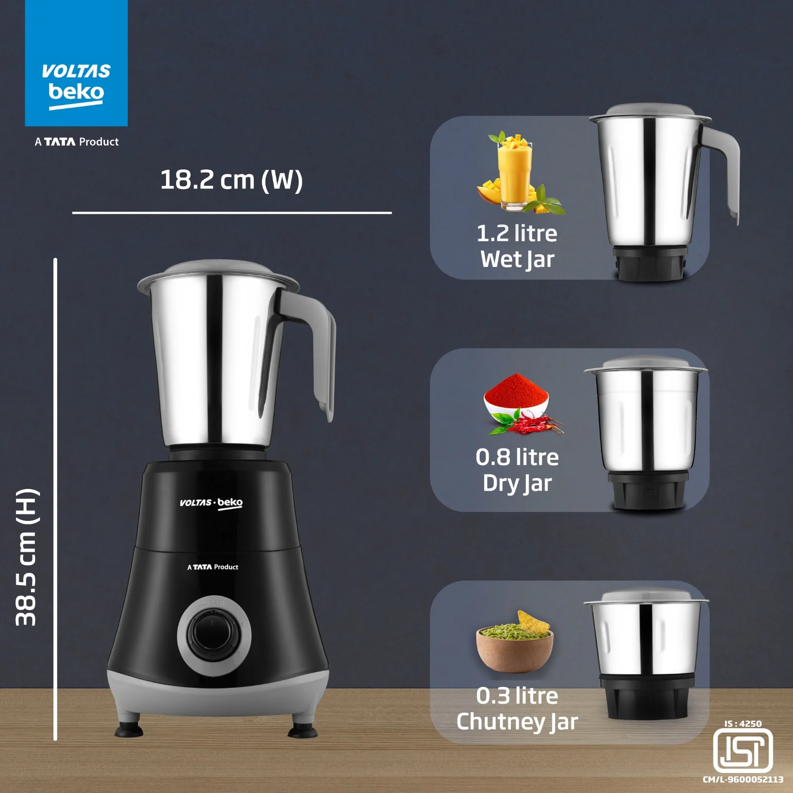 525 W Mixer Grinder (G5253HP-BG | 3 Jars | Black & Grey, with GrindX Technology) , Voltas Beko, A Tata Product - Image 5