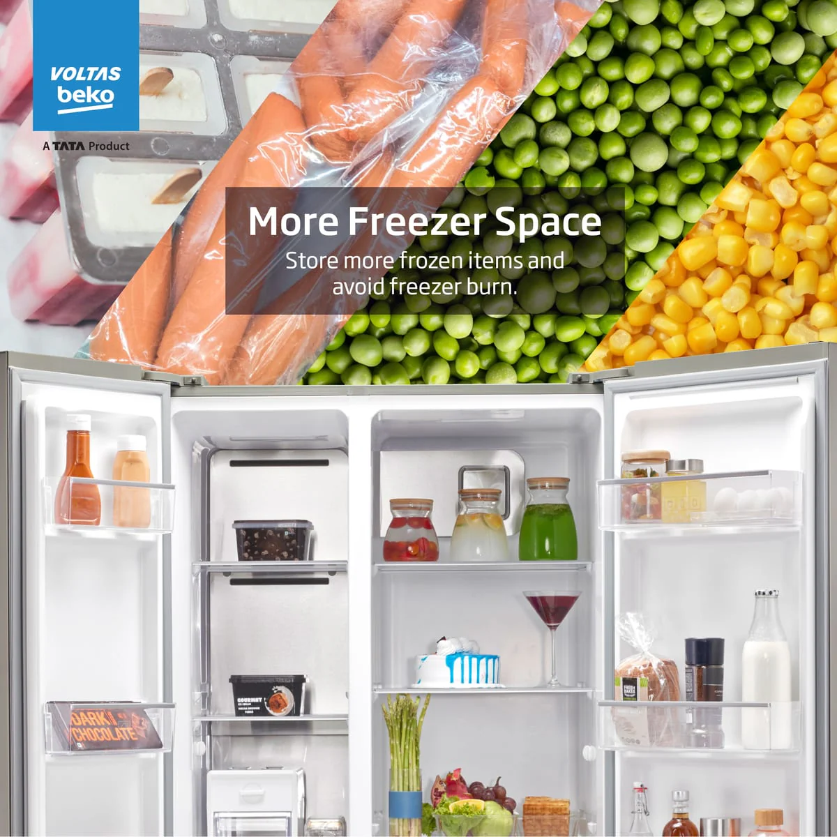 563 L Frost Free Side by Side Refrigerator with ProSmart Inverter Compressor (RSB585/FPV300RXID, Inox steel, Active Fresh Blue Light) , Voltas Beko, A Tata Product - Image 5