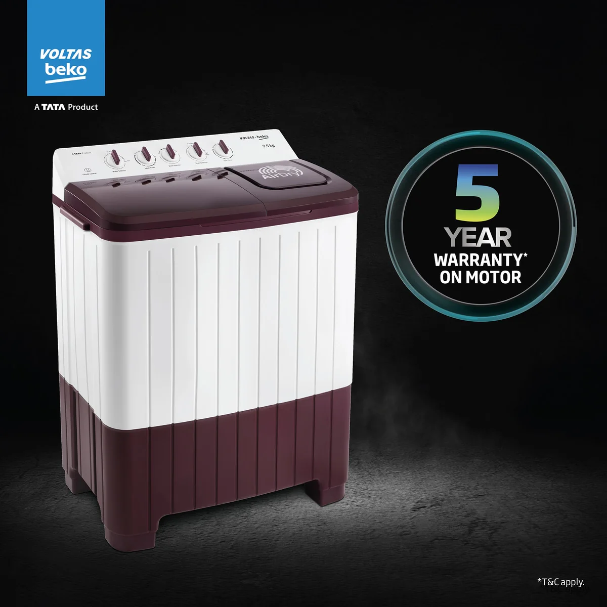 7.5 Kg 5 Star Semi-Automatic Top Loading Washing Machine (WTT75UHA/OK5R0R0W01, Burgundy, Air Dry & Pulsator wash technology) , Voltas Beko, A Tata Product - Image 9