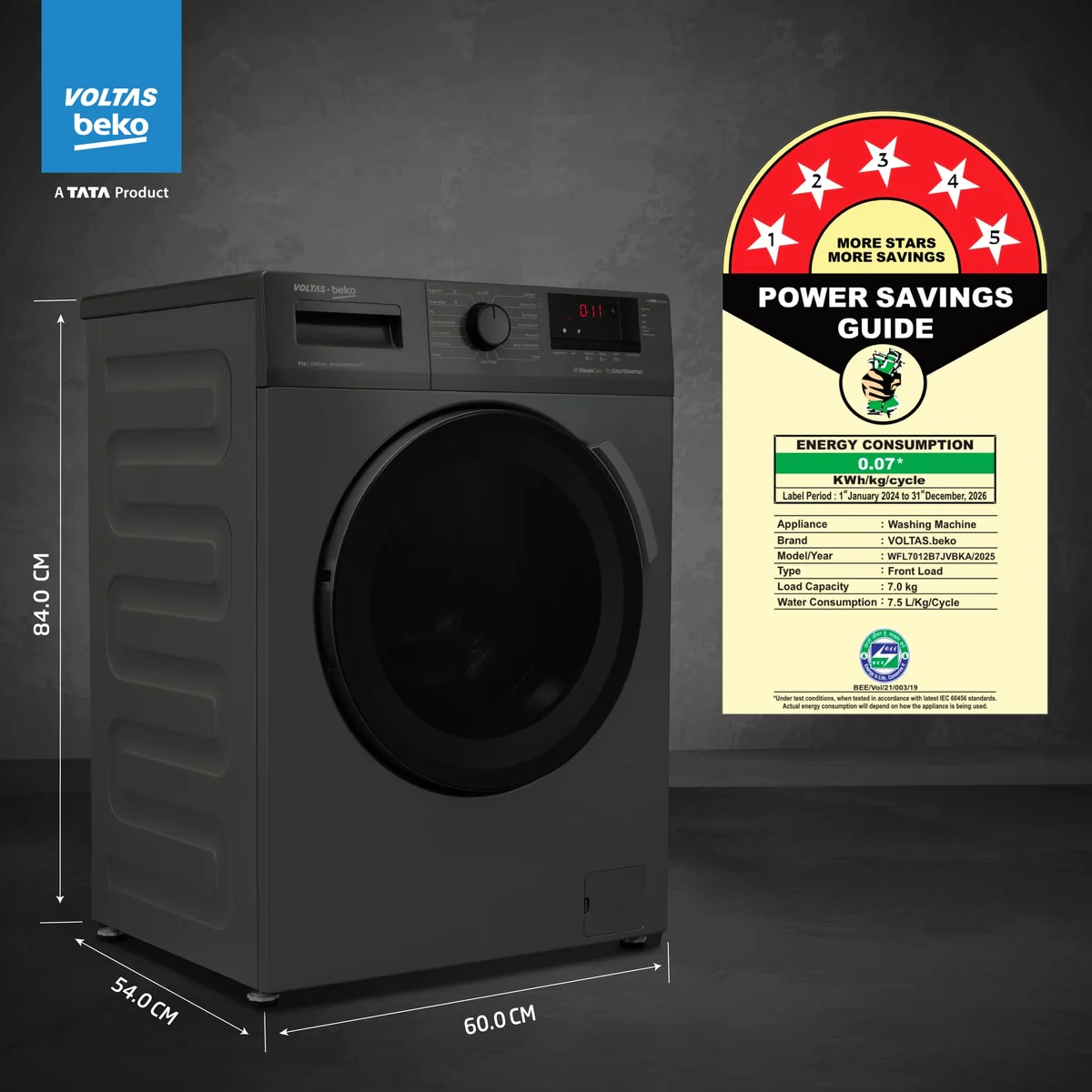 7 Kg 5 Star Inverter Quick wash Fully-Automatic Front Loading Washing Machine (WFL7012B7JVBKA/AXV, Anthracite, In buit Heater/Hygiene steam) , Voltas Beko, A Tata Product - Image 4