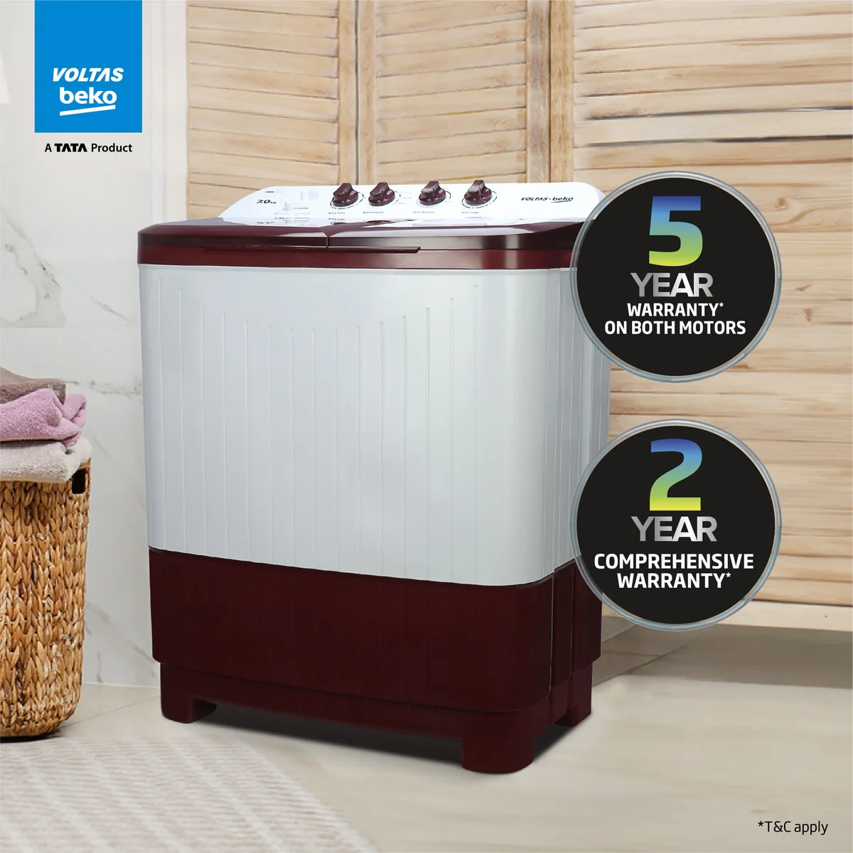 7 Kg 5 Star with Fast Dry Double Waterfall 5 Wing Pulsator Semi Automatic Top Load Washing Machine (WTT70DBRTF, Maroon & White) , Voltas Beko, A Tata Product - Image 9