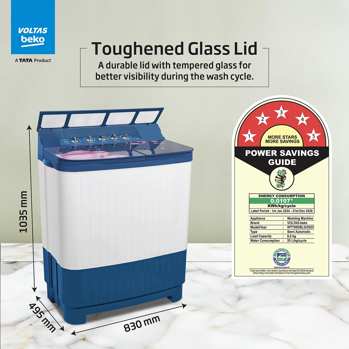 8.5 Kg 5 Star Semi-Automatic Top Load Washing Machine (WTT85DBLG/FLRB5, Blue, Special Pulsator & 5 Knob Control Method, With Double Water Fall technology) , Voltas Beko, A Tata Product - Image 5