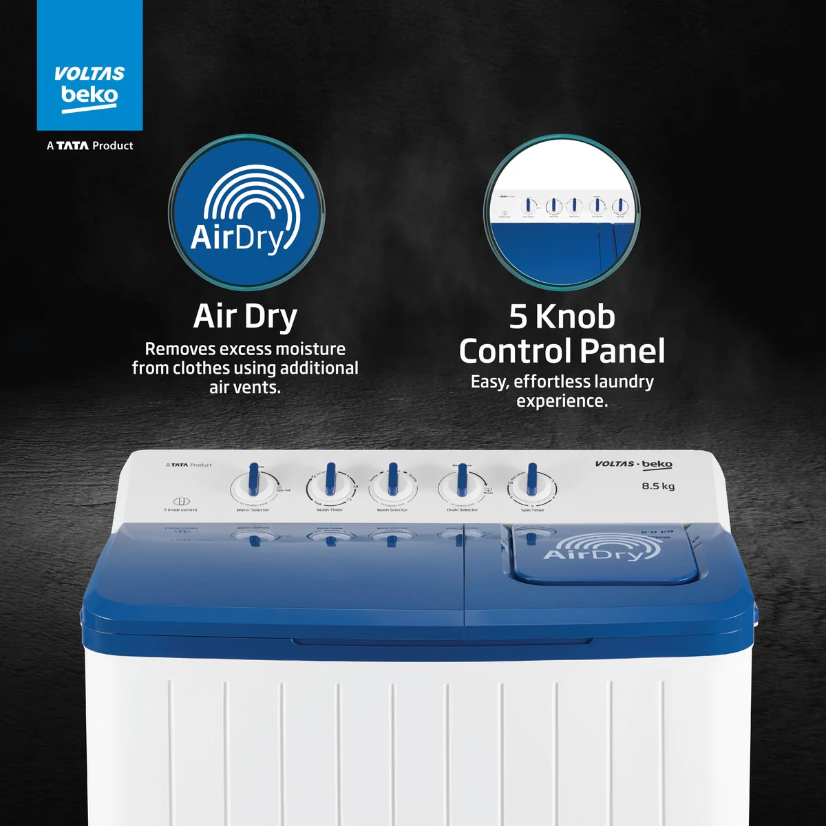 8.5 Kg 5 Star Semi-Automatic Top Loading Washing Machine (WTT85UHA/OK5I0I0W01, Blue, Air Dry & Pulsator wash technology) , Voltas Beko, A Tata Product - Image 4