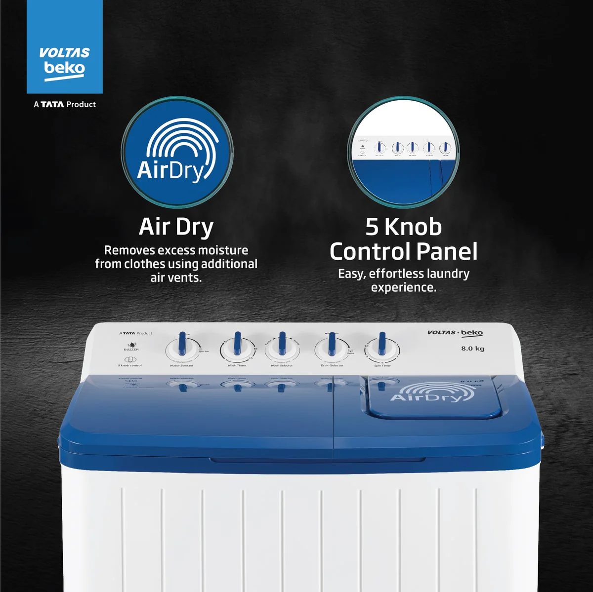 8 Kg 5 Star Semi-automatic Top Load Washing Machine (WTT80UHA / OK5I0I0W01E, Blue, 5 Knob Control Method, with Double Waterfall Technology) , Voltas Beko, A Tata Product - Image 3