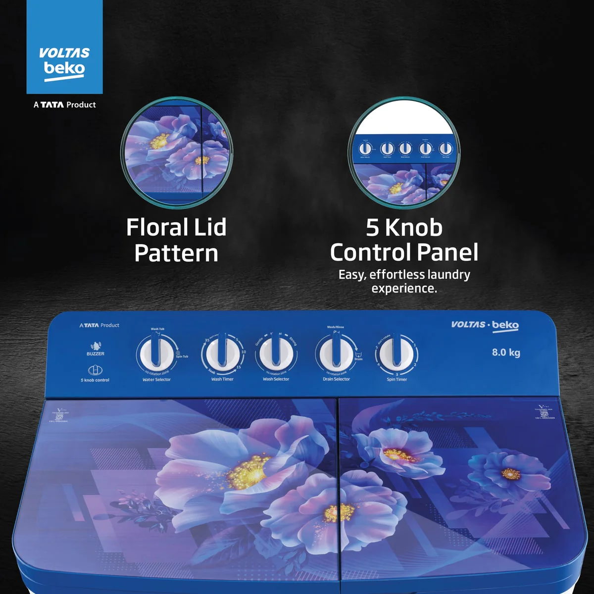 8 Kg 5 Star Semi Automatic Washing Machine (WTT80UHA/OK5I0I0W07E,Blue) , Voltas Beko, A Tata Product - Image 3