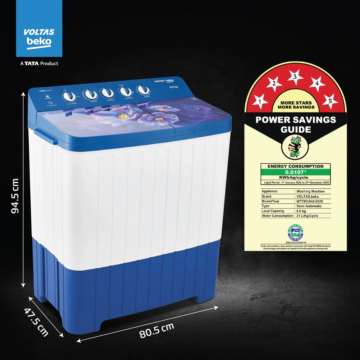 8 Kg 5 Star Semi Automatic Washing Machine (WTT80UHA/OK5I0I0W07E,Blue) , Voltas Beko, A Tata Product - Image 4