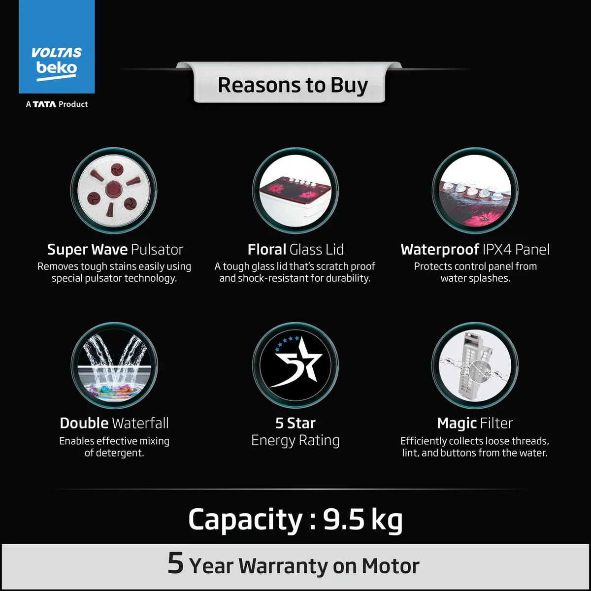9.5 Kg Semi Automatic Washing Machine (WTT95UA,Burgundy) , Voltas Beko, A Tata Product - Image 2