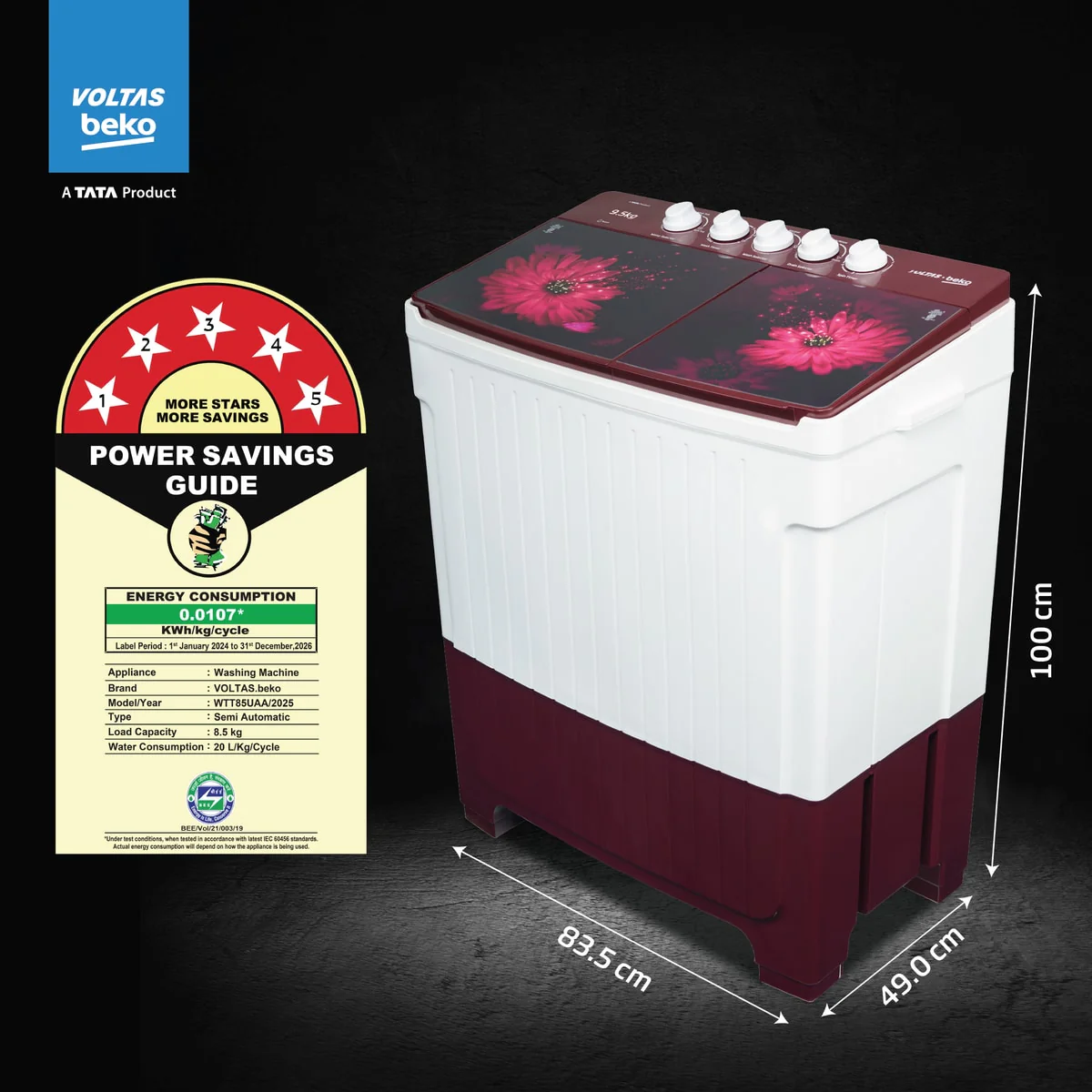 9.5 Kg Semi Automatic Washing Machine (WTT95UA,Burgundy) , Voltas Beko, A Tata Product - Image 4