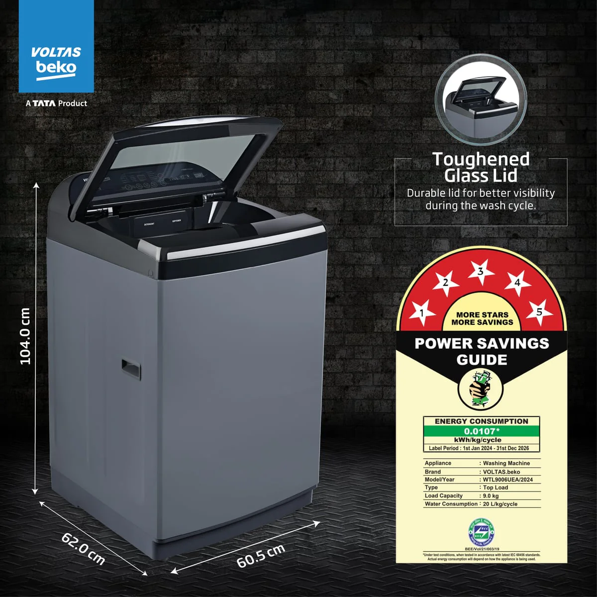 9 Kg 5 Star Fully-Automatic Top Loading Washing Machine ( WTL9006UEA/SPBOOD,Grey,Ideal Zero Pressure Technology) , Voltas Beko, A Tata Product - Image 3