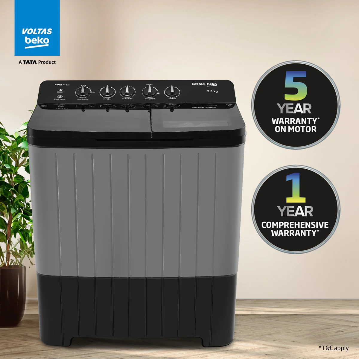 9 Kg 5 Star Semi Automatic Top Load Washing Machine Black (WTT90UHA/OK5B1B1S26,Grey ) , Voltas Beko, A Tata Product - Image 13
