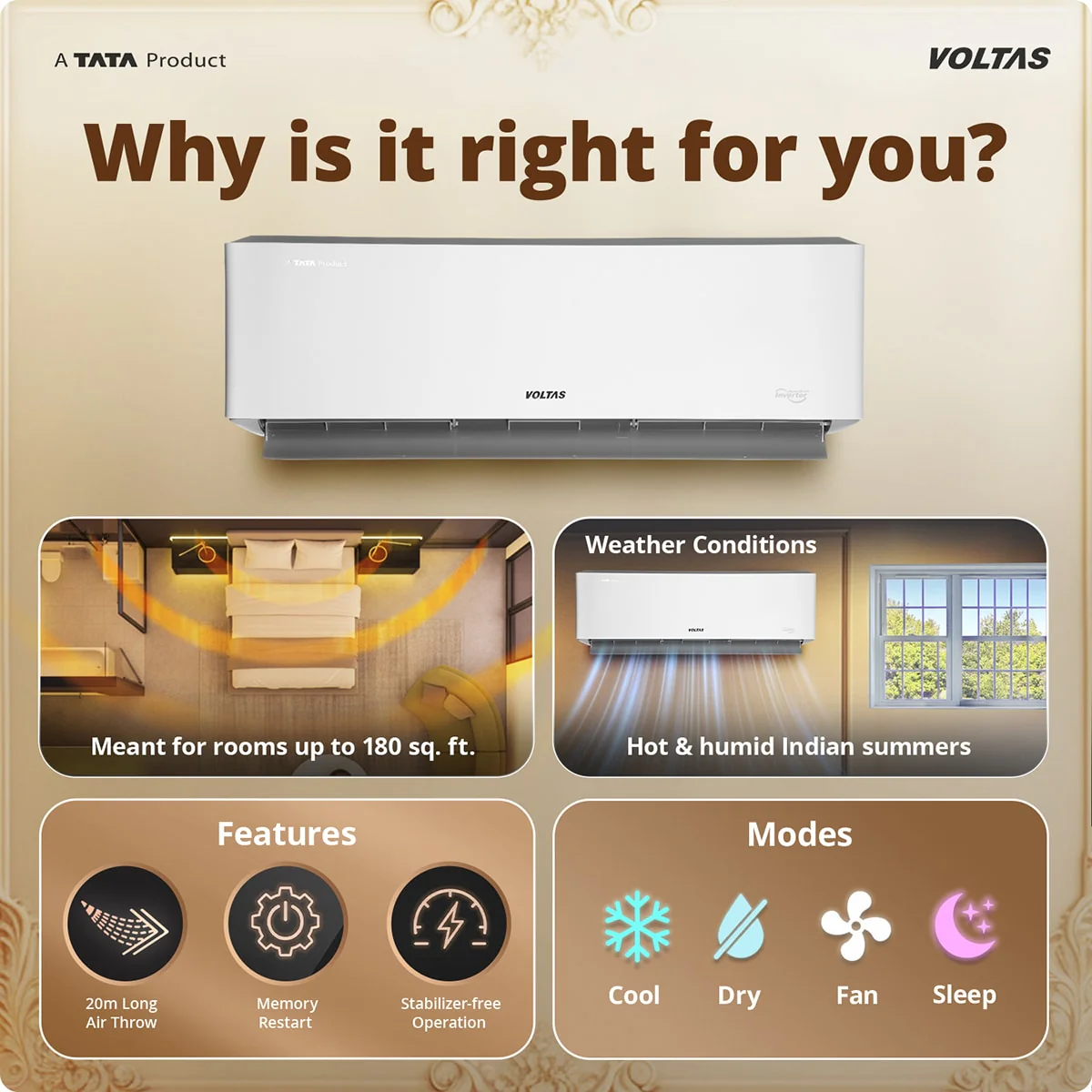 Voltas Split Air Conditioner, 1.5 Ton, 3 Star - 183INV Venus Luxe - Image 3