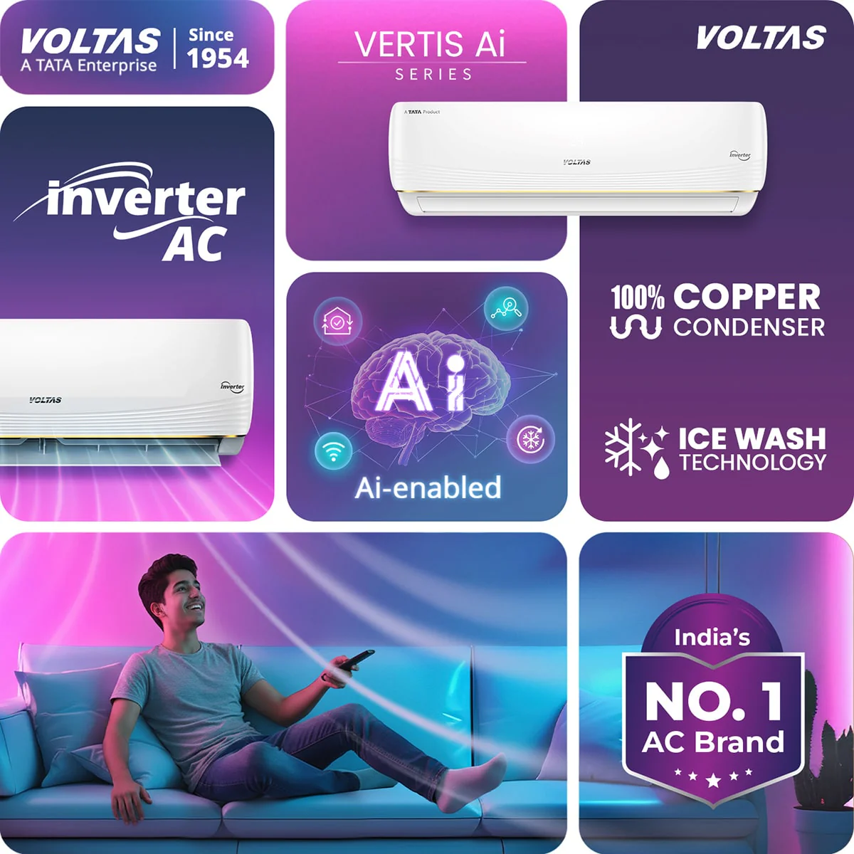 Voltas Split Air Conditioner, 1.5 Ton, 3 Star - 183INV Vertis AI Zest Gold - Image 5