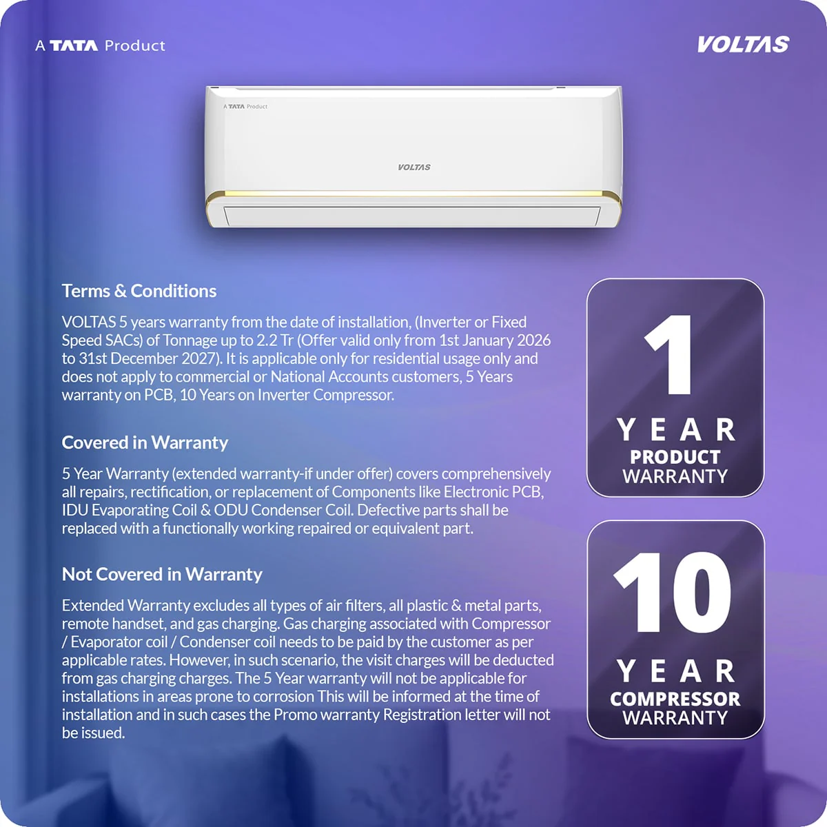 Voltas Split Air Conditioner, 1.5 Ton, 3 Star - 183INV Vertis Zen Gold - Image 14